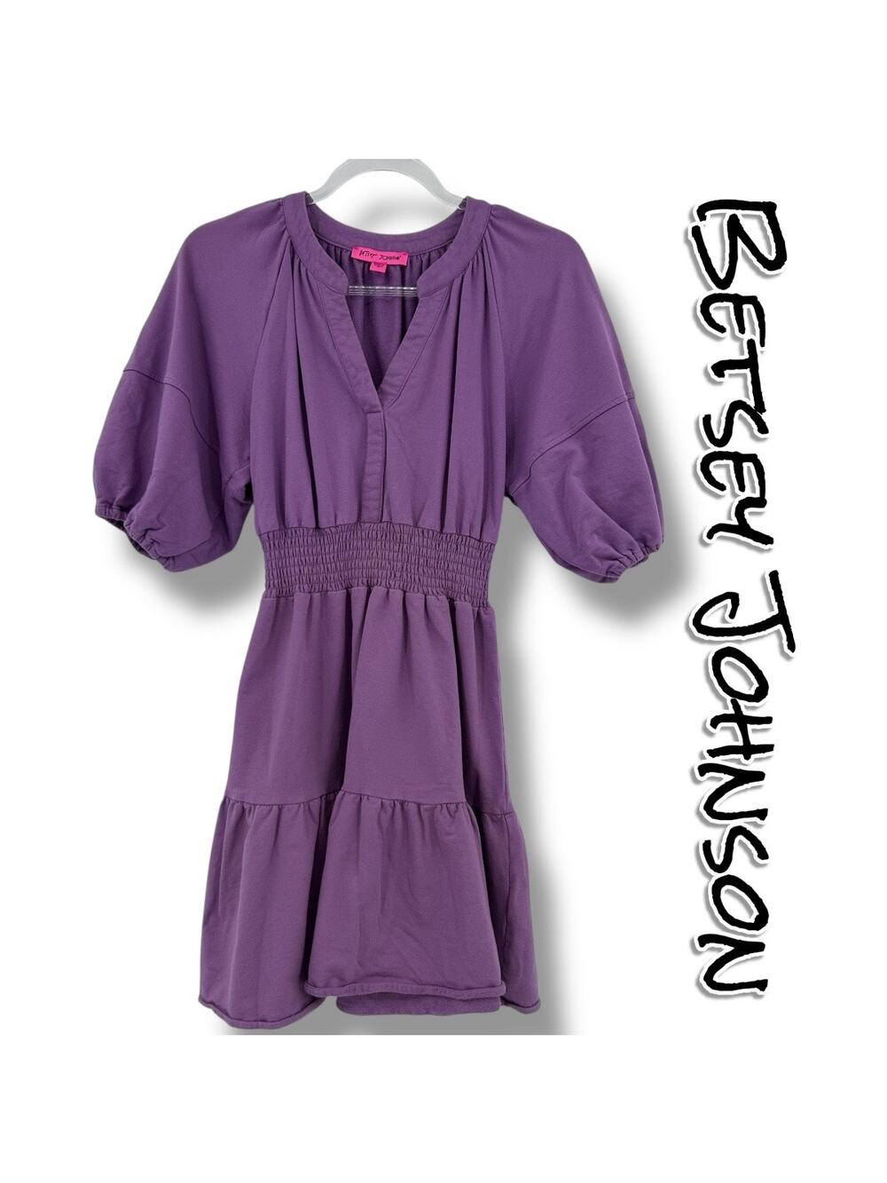 Betsey Johnson Purple Smocked Waist Puff Sleeve Cotton Mini Dress Womens Size S